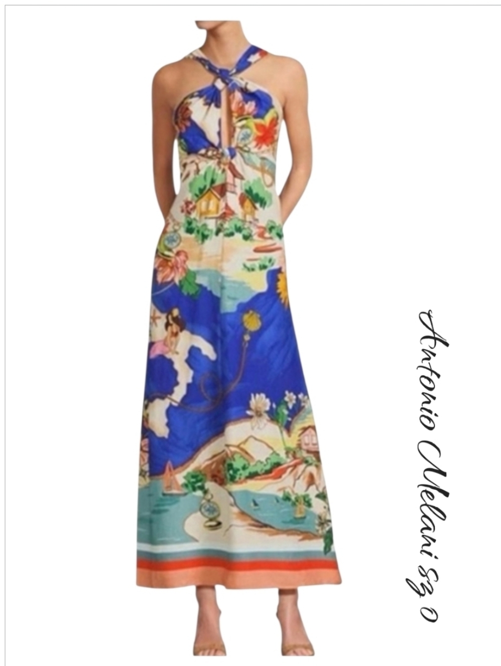 Antonio Melani Bronwyn Ocean Print Linen Halter A-Line Maxi Dress Sz 0 NWT